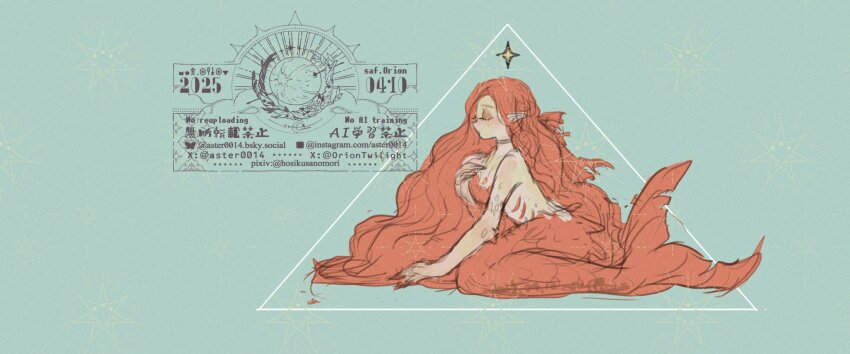 1girl absurdly_long_hair artist_logo artist_name aster0014 bare_shoulders breasts choker closed_eyes closed_mouth commentary_request dated fins full_body gills green_background hand_on_own_chest highres large_breasts logo long_hair mermaid monster_girl nude orange_hair orange_scales orange_tail original pointy_ears scales simple_background sitting sketch solo sparkle tail triangle very_long_hair watermark