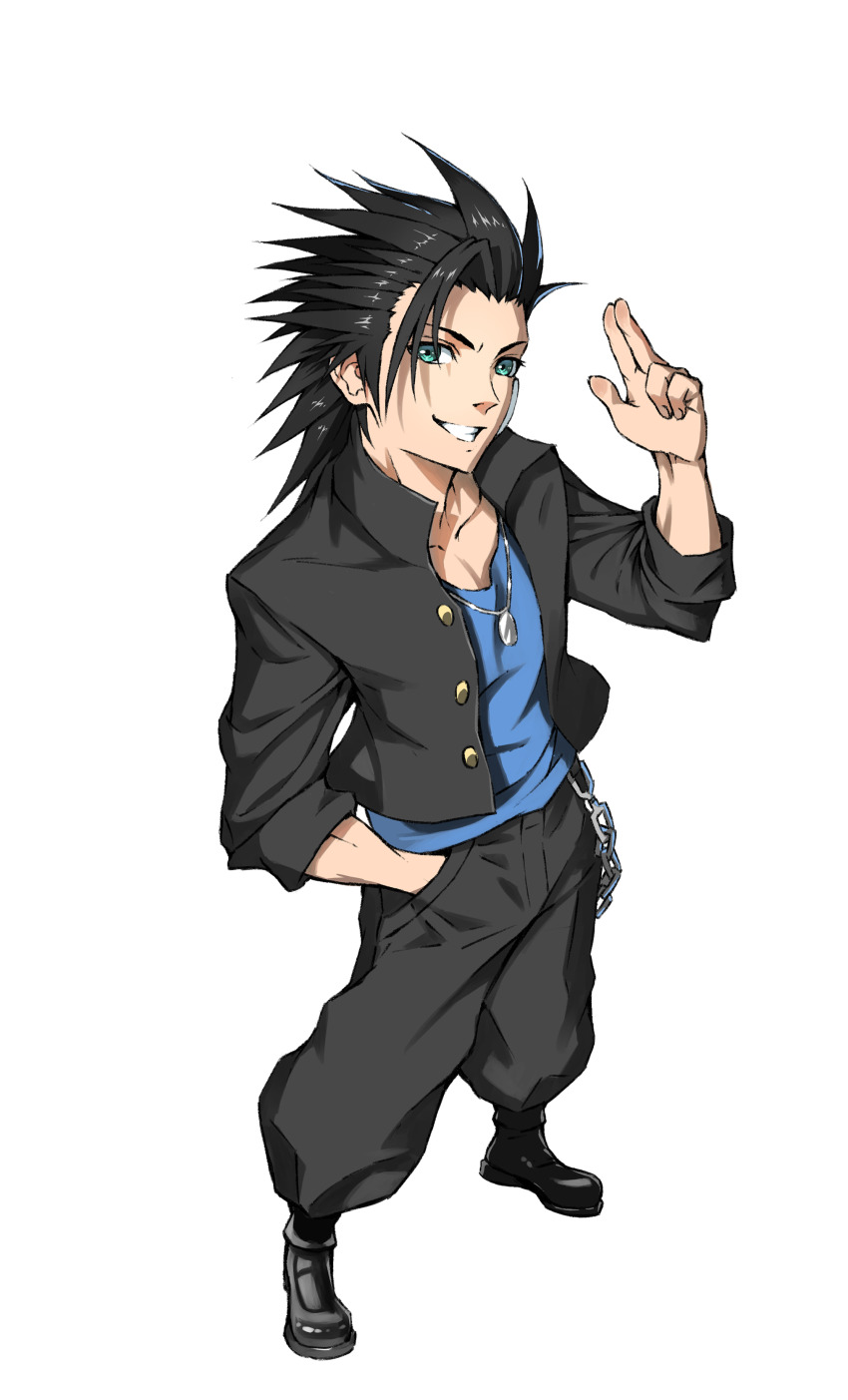 1boy absurdres baggy_pants bandaid bandaid_on_cheek bandaid_on_face belt_chain black_hair black_jacket black_pants blue_eyes blue_shirt collarbone commentary_request delinquent final_fantasy final_fantasy_vii final_fantasy_vii_ever_crisis from_above full_body gakuran grin hand_in_pocket highres jacket jewelry looking_at_viewer necklace official_alternate_costume open_clothes open_jacket pants school_uniform shirt short_hair smile spiked_hair standing white_background zack_fair zack_fair_(midgard_seventh_high_school) zupakyo