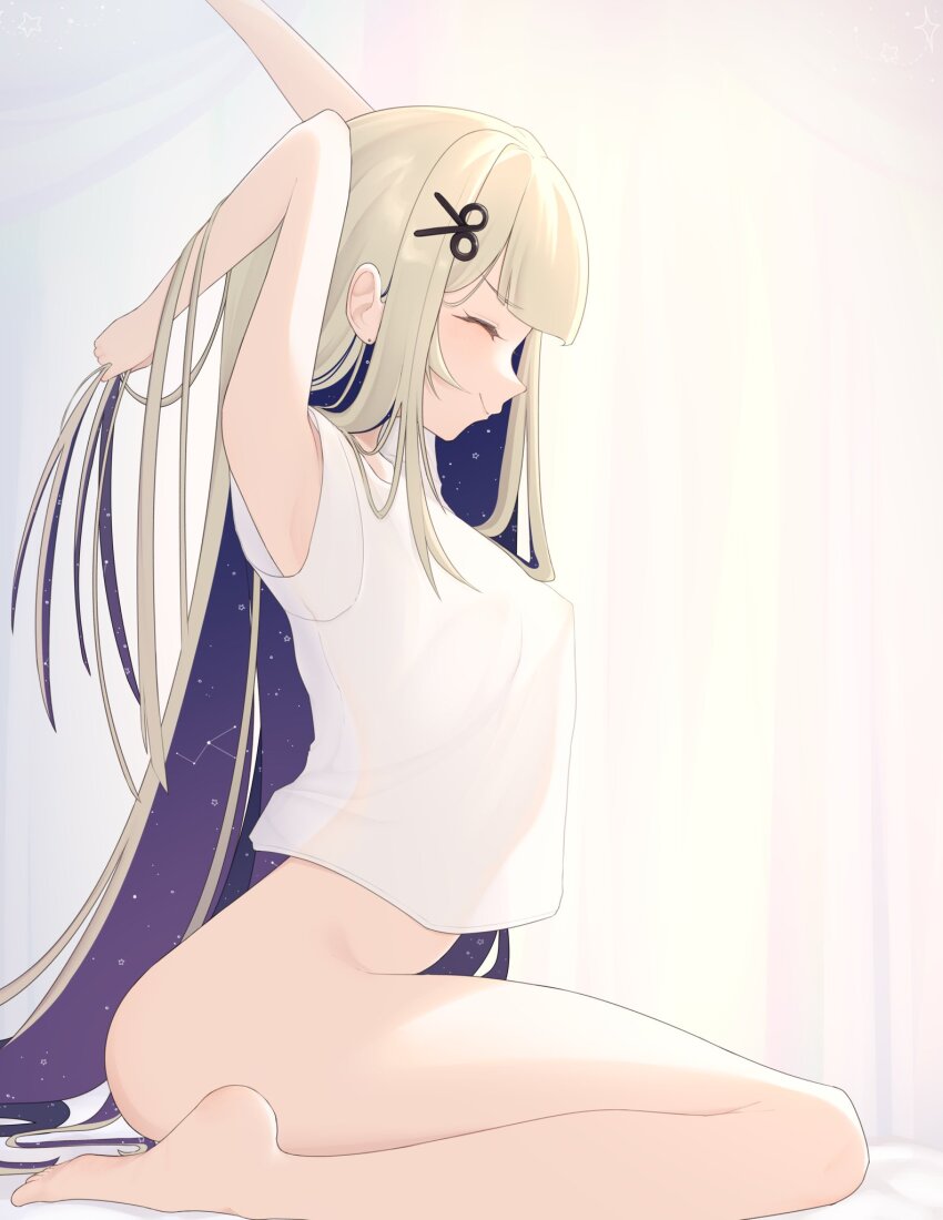 1girl amanogawa_shiina arms_up ass blonde_hair bottomless breasts closed_eyes matoimiia phase_connect purple_hair shirt small_breasts stretching virtual_youtuber