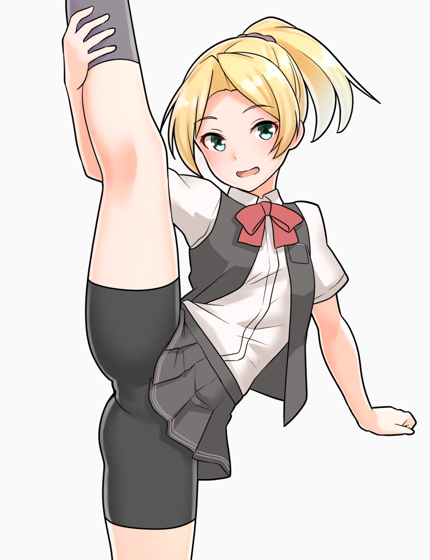 1girl absurdres bike_shorts_under_skirt black_shorts black_skirt black_socks blonde_hair bow bowtie collared_shirt commentary_request furaggu_(frag_0416) green_eyes grey_socks hair_ornament hair_scrunchie highres kantai_collection looking_at_viewer maikaze_(kancolle) medium_hair ponytail red_bow red_bowtie school_uniform scrunchie shirt short_sleeves shorts skirt socks solo split standing standing_on_one_leg standing_split variant_set white_shirt