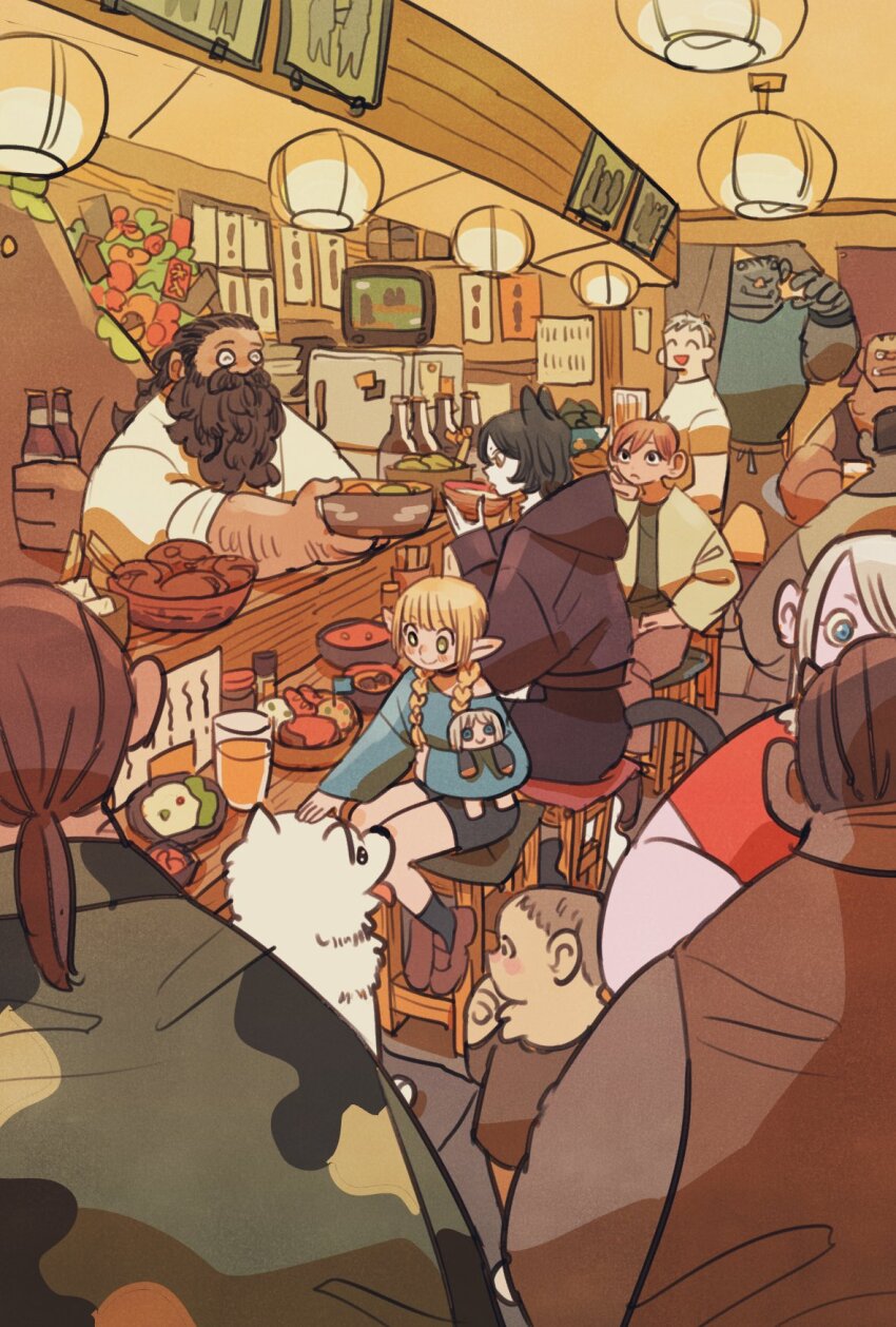 4girls 6+boys animal_ears beard black_footwear black_hair black_hoodie blonde_hair blue_shirt bottle bowl braid brown_footwear brown_hair camouflage camouflage_jacket cat_ears cat_girl cat_tail character_request chilchuck_tims child closed_eyes contemporary dog dungeon_meshi dwarf elf facial_hair falin_touden full_body grey_hair highres holding holding_bottle holding_bowl holding_stuffed_toy hood hood_down hoodie izutsumi jacket laios_touden lantern loafers marcille_donato multiple_boys multiple_girls mustache open_mouth pointy_ears restaurant senshi_(dungeon_meshi) shirt shoes sitting sleeves_rolled_up smile stuffed_toy tail takeuchi_ryousuke twin_braids white_shirt