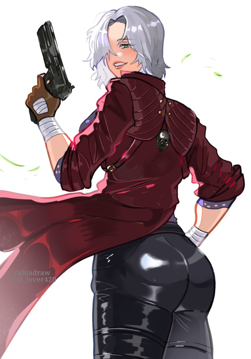 1girl ass blue_eyes blush breasts coat dante_(devil_may_cry) devil_may_cry_(series) devil_may_cry_5 fingerless_gloves genderswap genderswap_(mtf) gloves grey_hair highres holding holding_weapon leather leather_pants pants red_coat seal_lover420 short_hair simple_background smile weapon white_hair wrist_wrap