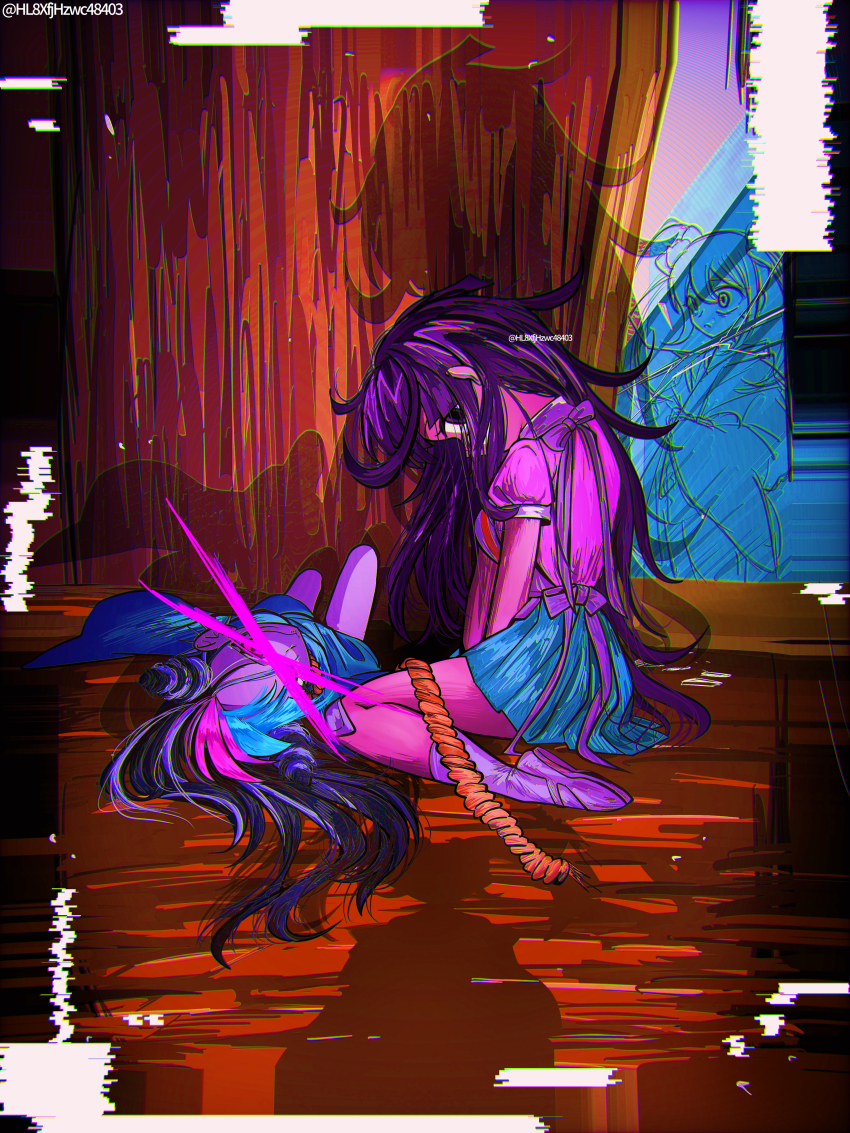 3girls absurdres apron black_hair blue_hair blue_skirt commentary_request corpse curtains danganronpa_(series) danganronpa_2:_goodbye_despair death glitch highres japanese_clothes kimono long_hair mioda_ibuki multicolored_hair multiple_girls pink_hair pink_shirt purple_eyes purple_hair reflection rope saionji_hiyoko shadow shirt shoes short_sleeves sitting skirt socks spoilers tsumiki_mikan user_gegs4544 white_apron white_hair white_shoes white_socks wooden_floor x