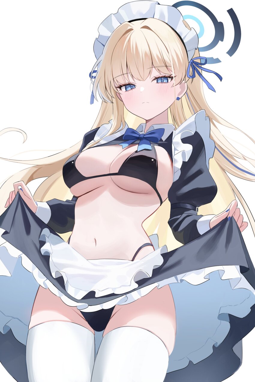 1girl absurdres alternate_costume bikini black_bikini black_shrug black_skirt blonde_hair blue_archive blue_eyes closed_mouth highres juliet_sleeves long_hair long_sleeves looking_at_viewer maid maid_bikini maid_headdress nannung navel puffy_sleeves shrug_(clothing) simple_background skirt skirt_hold solo swimsuit toki_(blue_archive) unconventional_maid white_background white_headdress