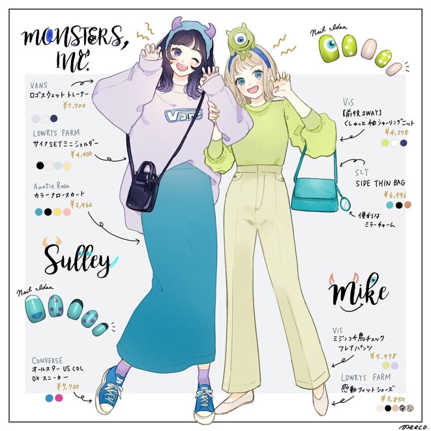 2girls animification character_doll character_name copyright_name cyclops doll genderswap green_eyes humanization james_p._sullivan meecosme mike_wazowski monster monsters_inc. multiple_girls nail_polish one-eyed pants personification sharp_teeth shirt skirt smile socks teeth
