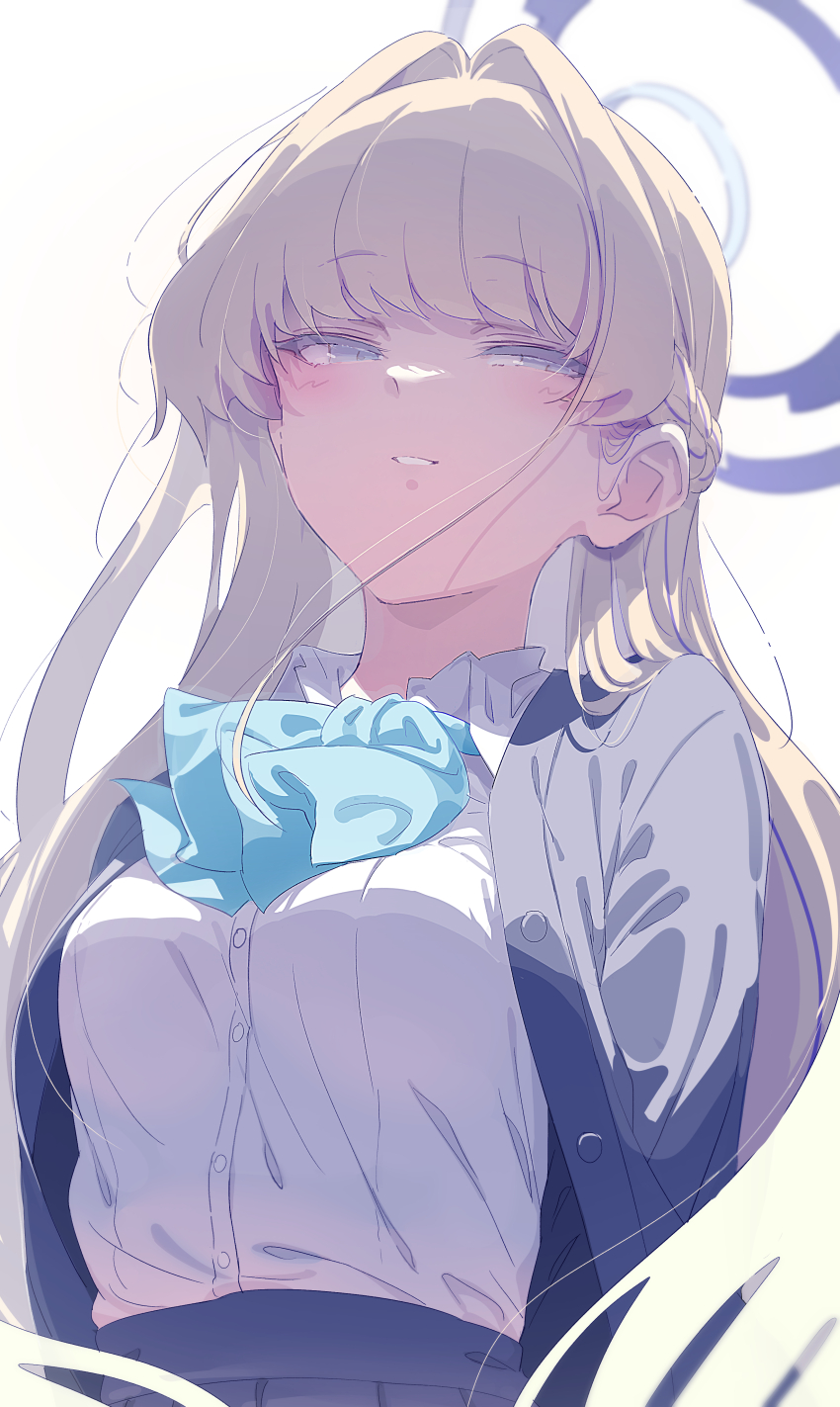 1girl absurdres aqua_bow aqua_bowtie backlighting black_jacket blonde_hair blue_archive blue_eyes blue_halo blunt_bangs blush bow bowtie collared_shirt colored_eyelashes commentary_request csham dress_shirt floating_hair from_below hair_intakes half-closed_eyes halo highres jacket long_hair looking_at_viewer official_alternate_costume official_alternate_hairstyle open_clothes open_jacket parted_lips partial_commentary school_uniform shirt simple_background smile solo toki_(blue_archive) toki_(school_uniform)_(blue_archive) upper_body very_long_hair white_background white_shirt
