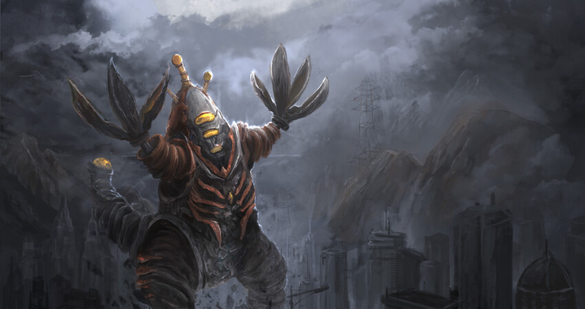 alien building cliff cloud cloudy_sky cyborg debris dirt fog giant giant_monster gigabash highres jingming_(tiny) kaiju monster mountain no_humans overcast passion_republic_games pincers pipijuras seijin sky space_monster supervillain tail transmission_tower