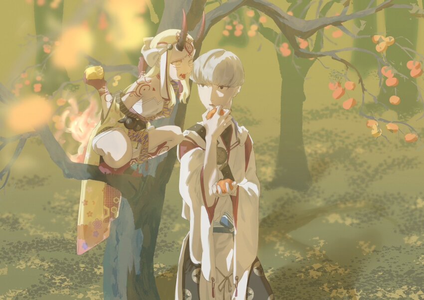 1boy 1girl black_eyes blonde_hair body_markings commentary_request eieio006 facial_mark fate/grand_order fate_(series) food forehead_mark fruit grey_hair highres horns ibaraki_douji_(fate) in_tree japanese_clothes kimono looking_at_another oni outdoors persimmon squatting tree watanabe_no_tsuna_(fate) yellow_eyes