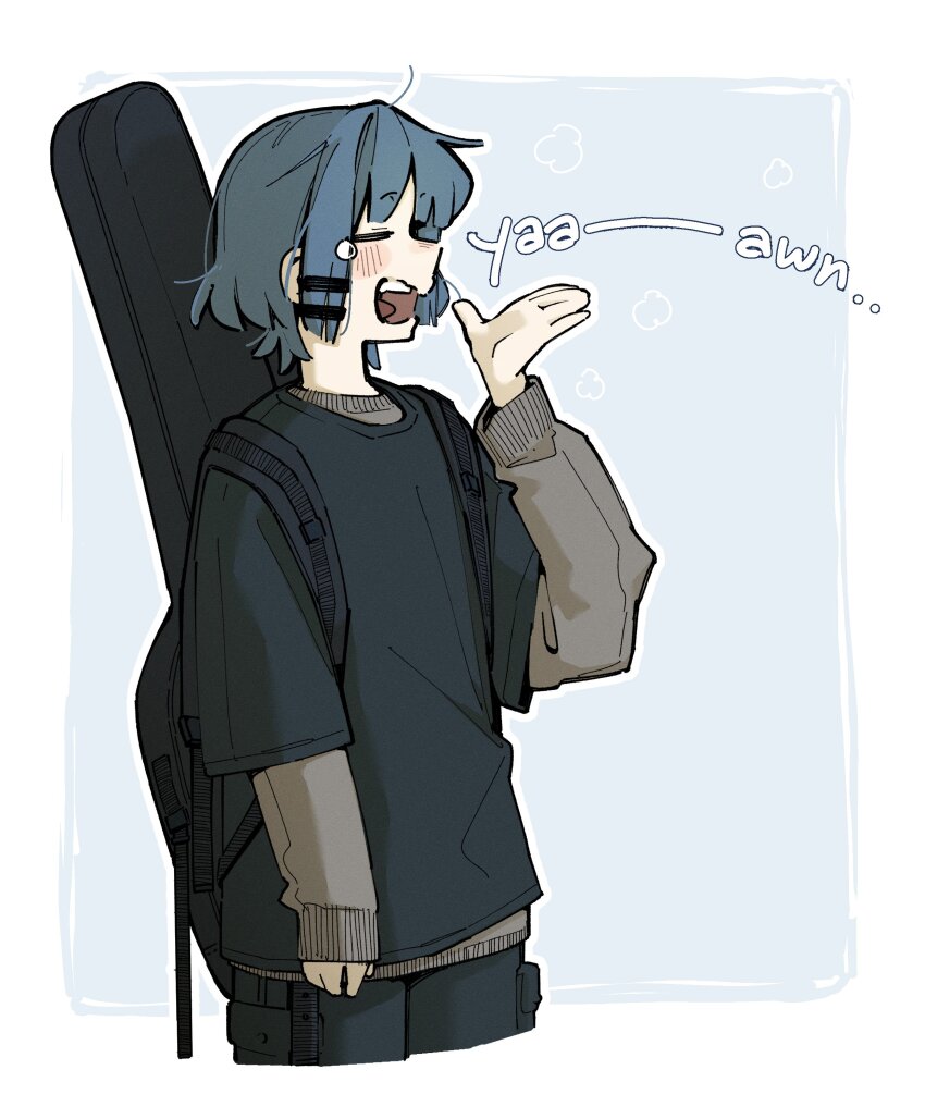1girl absurdres black_pants black_shirt blue_hair bocchi_the_rock! closed_eyes grey_shirt hair_ornament hairclip highres instrument_case instrument_case_on_back layered_sleeves long_sleeves machuuu68 medium_hair open_mouth pants shirt short_over_long_sleeves short_sleeves simple_background sleeves_past_wrists teeth tongue upper_teeth_only yamada_ryo yawning