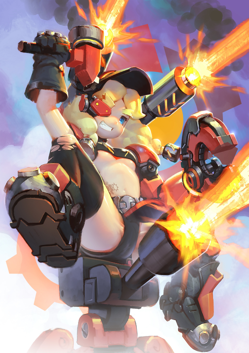 1girl belt black_thighhighs blonde_hair blue_eyes boots braid breasts crop_top female_focus firing genderswap genderswap_(mtf) gloves grin hammer highres long_hair midriff overwatch overwatch_1 sitting small_breasts smile solo spread_legs straddling thighhighs torbjorn_(overwatch) torn_clothes torn_thighhighs turret twin_braids underboob welding_mask xiao_duzi