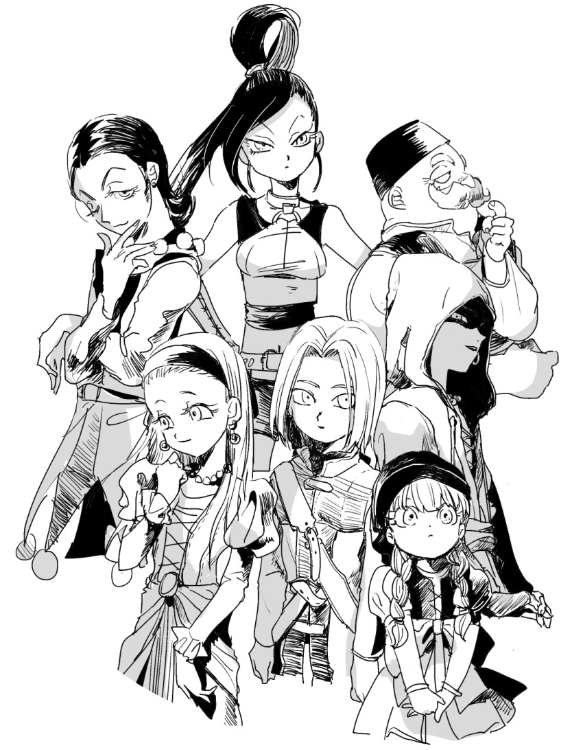 3girls 4boys bead_necklace beads belt braid camus_(dq11) closed_mouth dragon_quest dragon_quest_xi earrings eyelashes facial_hair greyscale hairband hands_on_own_hips hat hero_(dq11) high_ponytail highres hood hood_up hoop_earrings jewelry juliet_sleeves long_hair long_sleeves mari-mason martina_(dq11) midriff monochrome multiple_boys multiple_girls mustache necklace old old_man ponytail puffy_sleeves row_(dq11) senya_(dq11) short_hair short_shorts shorts sylvia_(dq11) twin_braids veronica_(dq11) very_long_hair