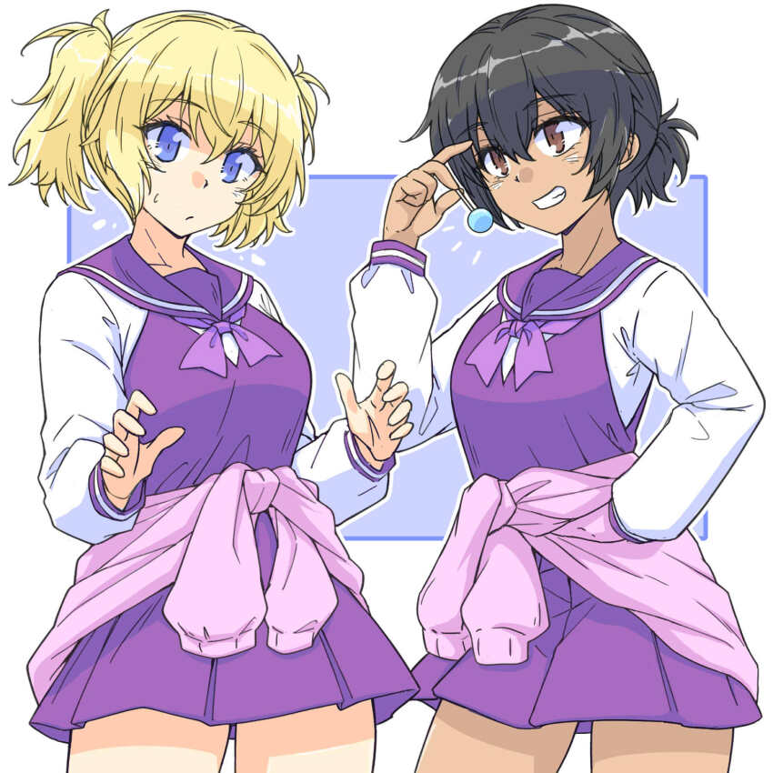 2girls alternate_costume alternate_hairstyle andou_(girls_und_panzer) black_hair blonde_hair blue_eyes brown_eyes candy clothes_around_waist commentary_request dark-skinned_female dark_skin food girls_und_panzer gyaru highres holding holding_candy holding_food holding_lollipop jacket jacket_around_waist lollipop miniskirt multiple_girls neckerchief official_alternate_costume oshida_(girls_und_panzer) pink_jacket pleated_skirt ponytail purple_neckerchief purple_skirt purple_vest renshiu school_uniform serafuku short_ponytail short_twintails skirt tied_jacket twintails vest white_serafuku