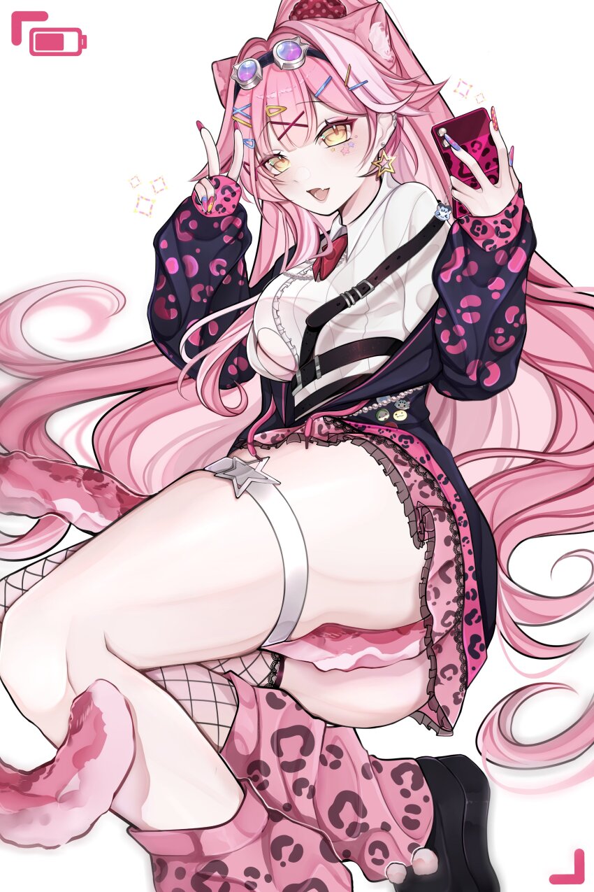 1girl absurdres alternate_costume animal_ear_fluff animal_ears animal_print ass battery_indicator black_jacket black_shoes breasts cellphone clothing_cutout commentary double-parted_bangs fang fishnet_thighhighs fishnets foot_out_of_frame goggles goggles_on_headwear gyaru hair_ornament hairclip highres holding holding_phone hololive hololive_english jacket leopard_print long_hair long_sleeves looking_at_viewer medium_breasts multicolored_nails open_clothes open_jacket open_mouth panther_ears panther_girl panther_tail phone pink_hair pink_skirt pink_socks raora_panthera rosheil shirt shoes simple_background single_thighhigh skin_fang skirt smartphone smile socks solo tail thigh_strap thighhighs underboob_cutout virtual_youtuber white_background white_shirt x_hair_ornament yellow_eyes