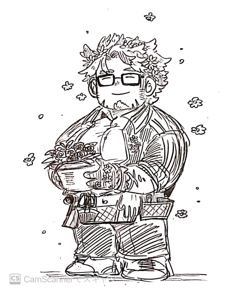1boy bara deformed donguri306 facial_hair fat fat_man flower full_body glasses goatee graphite_(medium) greyscale hair_flower hair_ornament happy happy_aura highres hippolytus_(housamo) male_focus monochrome pectorals plant potted_plant scan short_hair sideburns sideburns_stubble smile solo standing stubble thick_eyebrows tokyo_houkago_summoners traditional_media