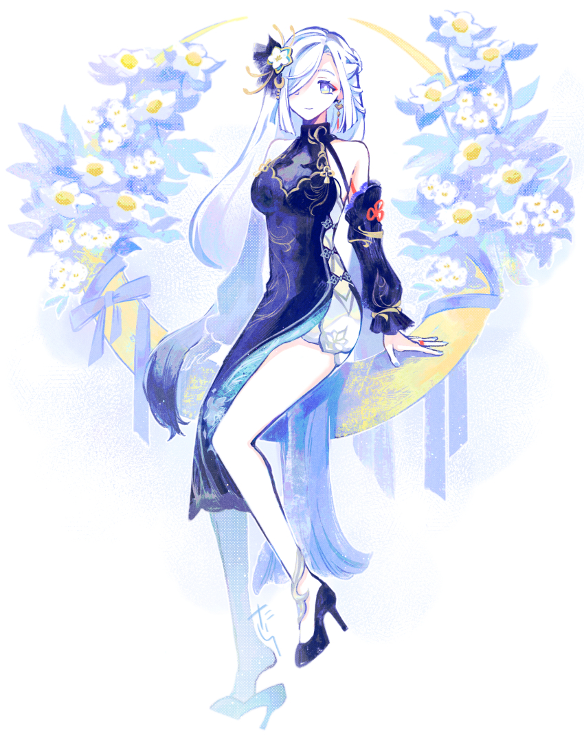1girl bare_shoulders black_dress black_shoes blue_eyes blue_nails bright_pupils china_dress chinese_clothes closed_mouth commentary detached_sleeves dress english_commentary full_body genshin_impact hair_ornament hair_over_one_eye heel_pop high_heels highres long_hair looking_at_viewer nail_polish official_alternate_costume pumps shenhe_(frostflower_dew)_(genshin_impact) shenhe_(genshin_impact) shoes sideless_dress sleeveless sleeveless_dress smile solo tatata_taira very_long_hair white_hair white_pupils