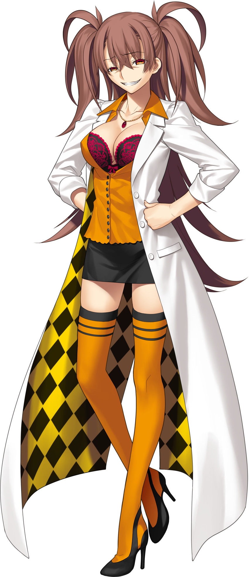 1girl absurdres bra breasts brown_hair dr._arach high_heels highres lab_coat lace lace_bra large_breasts long_hair looking_at_viewer naughty_face non-web_source official_art orange_vest smile takeuchi_takashi tsukihime tsukihime_(remake) underwear vest