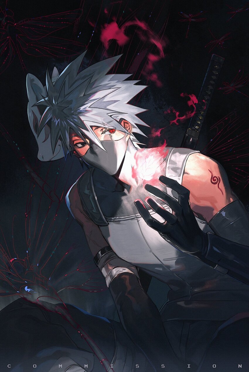 1boy black_gloves bug commentary commission dragonfly english_commentary gloves grey_hair hatake_kakashi heterochromia hex_6shui highres insect konohagakure_anbu_uniform male_focus mask mouth_mask naruto_(series) naruto_shippuuden ninja ninja_mask scar scar_across_eye scar_on_face sharingan short_hair solo spiked_hair tattoo white_mask