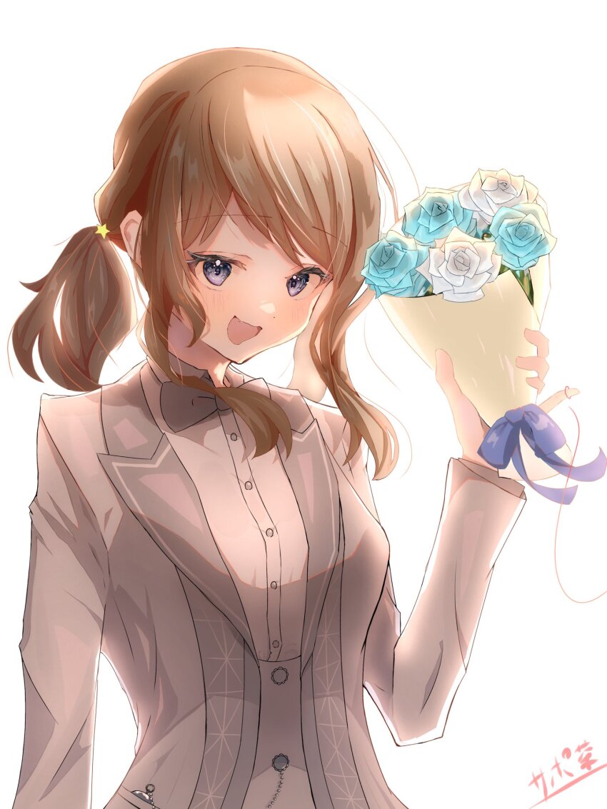1girl :d arm_at_side artist_name assault_lily blue_flower blue_rose blush bouquet bow bowtie brown_hair buttons collared_shirt commentary_request fang flower grey_bow grey_bowtie grey_eyes grey_jacket hair_ornament hand_up highres holding holding_bouquet iijima_renka jacket long_hair long_sleeves looking_at_viewer low_ponytail low_side_ponytail official_alternate_costume open_clothes open_jacket open_mouth ponytail racing_sanpo_chadoubu rose shirt simple_background smile solo star_(symbol) star_hair_ornament upper_body white_background white_flower white_rose white_shirt