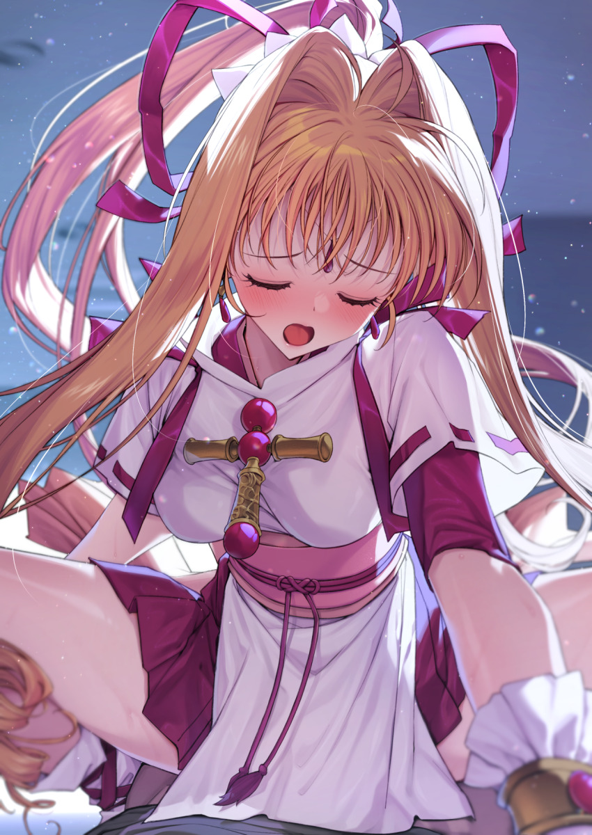 1boy 1girl ahoge alfred_(artist) blonde_hair blue_background blush boots bow breasts closed_eyes closed_mouth clothed_sex covered_penetration cowgirl_position cross cross_necklace dot_nose earrings facing_viewer female_orgasm girl_on_top gloves hair_bow hair_intakes head_tilt hetero highres implied_sex jewelry kaitou_jeanne kamikaze_kaitou_jeanne knee_boots kusakabe_maron large_variant_set long_hair magical_girl medium_breasts necklace obi orgasm ponytail raised_eyebrows red_bow red_skirt sash shirt skirt squatting_cowgirl_position straddling variant_set white_footwear white_gloves white_shirt