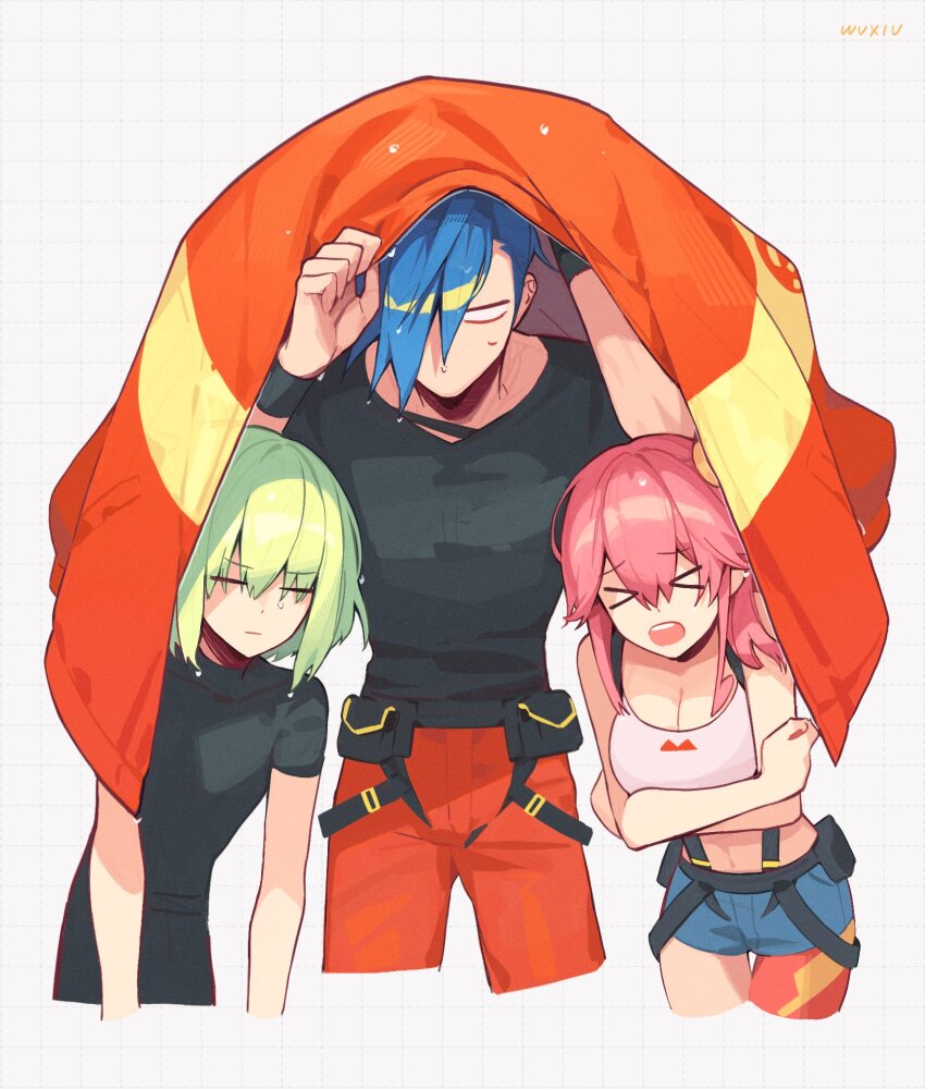 &gt;_&lt; 1girl 2boys :o aina_ardebit asymmetrical_legwear belt black_belt black_pants black_shirt blue_hair blue_shorts breasts closed_eyes commentary cropped_shirt denim denim_shorts english_commentary galo_thymos green_hair height_difference highres holding holding_jacket holding_unworn_clothes jacket large_breasts leaning_forward lio_fotia mismatched_legwear multiple_boys muscular muscular_male open_mouth pants pantyhose promare purple_eyes red_pants red_pantyhose shirt short_hair shorts side_ponytail simple_background suspender_shorts suspenders trap unworn_jacket water_drop wet wet_hair white_background white_shirt xiu_xxx_wu