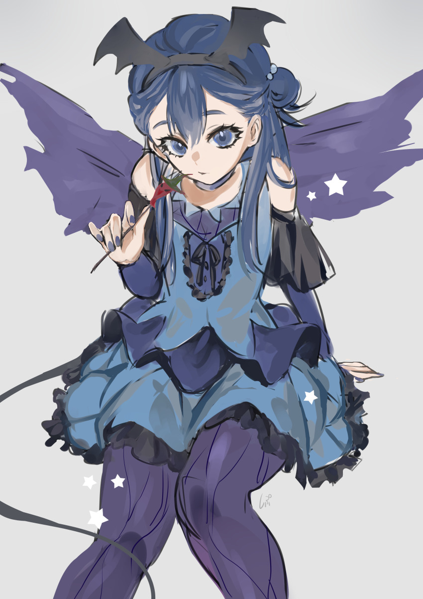 1girl absurdres bare_shoulders black_hairband black_ribbon black_sleeves black_tail blue_choker blue_eyes blue_hair blue_nails blue_shirt blue_skirt blue_sleeves blue_vest buttons choker cowboy_shot demon_costume demon_tail demon_wings detached_sleeves eating expressionless eyelashes fake_tail fake_wings food food_request frilled_skirt frilled_vest frills grey_background hair_between_eyes hair_bobbles hair_bun hair_ornament hairband halloween_costume head_wings highres holding holding_food hugtto!_precure layered_sleeves long_hair long_sidelocks long_sleeves looking_at_viewer miniskirt multiple_wings nail_polish pantyhose parted_lips pleated_skirt pleated_sleeves precure purple_pantyhose purple_wings ribbon shipu_(gassyumaron) shirt short_over_long_sleeves short_sleeves sidelocks simple_background single_side_bun sitting skirt skirt_set sleeveless sleeveless_shirt solo star_(symbol) straight_hair tail vest wings yakushiji_saaya