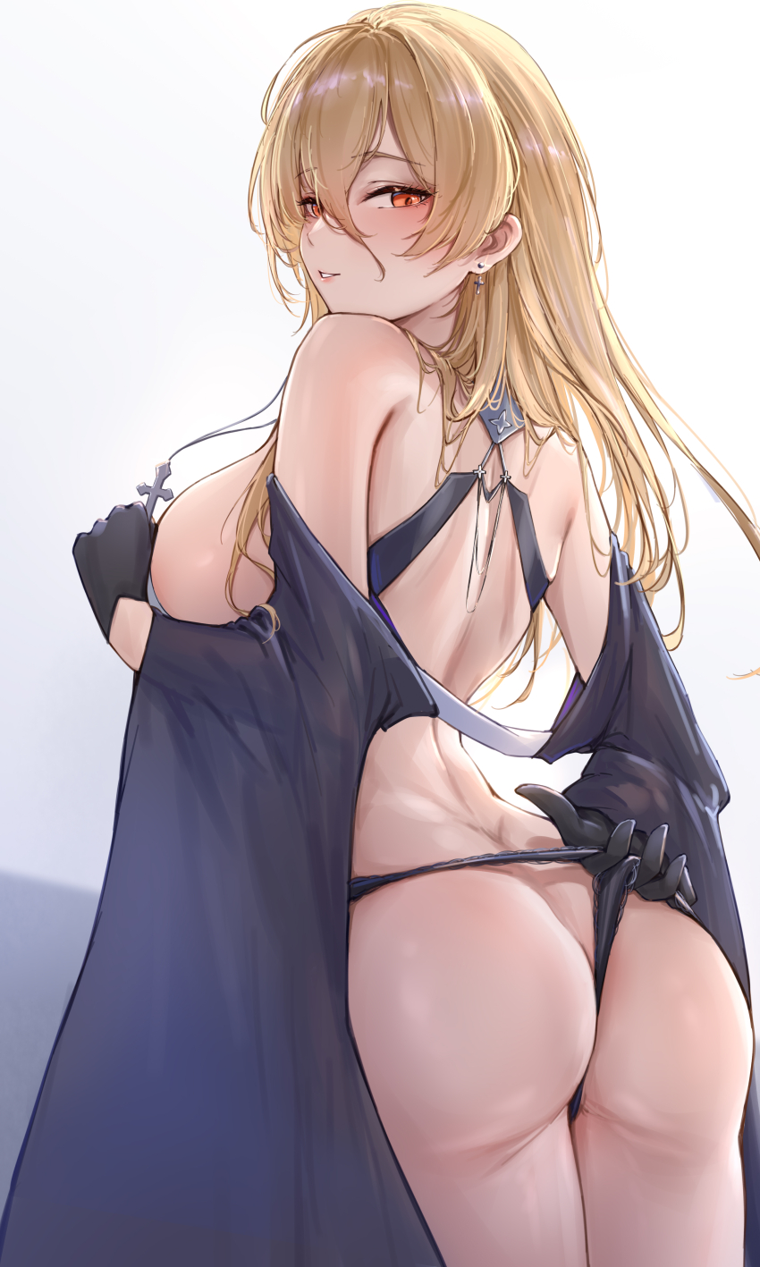 1girl absurdres ass azur_lane bare_shoulders black_gloves blonde_hair blush breasts butt_crack cross cross_necklace e.c.ho earrings from_behind gloves hair_between_eyes highres implacable_(azur_lane) jewelry large_breasts latin_cross long_hair looking_at_viewer looking_back necklace parted_lips red_eyes smile solo thong wedgie white_background
