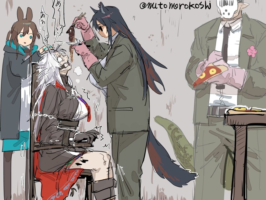 1boy 3girls alternate_breast_size amiya_(arknights) animal_ears arknights black_jacket black_necktie blue_eyes boots breasts brown_hair chain chair character_request chocolate-covered_food chocolate_on_spaghetti constricted_pupils crocodilian_tail crying crying_with_eyes_open drooling feeding feet_out_of_frame food force-feeding formal_clothes from_side gloves grabbing_another&#039;s_hair green_jacket green_pants green_suit head_back highres holding holding_food hood hood_down hooded_jacket huge_breasts indoors jacket knee_boots lappland_(arknights) lappland_the_decadenza_(arknights) long_hair long_legs long_sleeves mask material_growth multicolored_hair multiple_girls mutomorokoshi necktie no_sclera on_chair open_clothes open_jacket open_mouth oripathy_lesion_(arknights) pants pasta pineapple_on_pizza pizza pizza_slice pointy_ears profile rabbit_ears rabbit_girl red_hair restrained rubber_gloves sharp_teeth shirt sitting spaghetti standing streaked_hair suit suit_jacket sunglasses table tail tears teeth texas_(arknights) tied_to_chair torture twitter_username white_hair white_shirt wide-eyed wolf_ears wolf_girl wolf_tail
