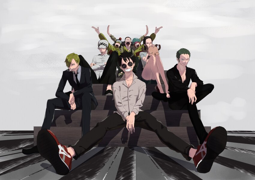 1girl 6+boys ^_^ absurdres antlers arm_up arms_up black_hair black_pants blonde_hair closed_eyes crossed_arms curly_eyebrows enaka67 green_hair hair_over_one_eye hashtag-only_commentary highres horns looking_at_viewer looking_to_the_side monkey_d._luffy multiple_boys nico_robin one_piece pants penguin_(one_piece) reindeer_antlers roronoa_zoro sanji_(one_piece) scar scar_across_eye scar_on_face shachi_(one_piece) shirt shoes shorts sitting smile sneakers trafalgar_law usopp white_shirt
