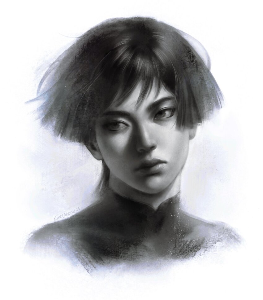 1boy artist_name blunt_ends bodysuit closed_mouth commentary dated english_commentary expressionless genshin_impact greyscale highres lips looking_to_the_side male_focus mandarin_collar monochrome nikolas_(nikolardon) portrait realistic redrawn scaramouche_(genshin_impact) sideways_glance sketch solo white_background wispy_bangs