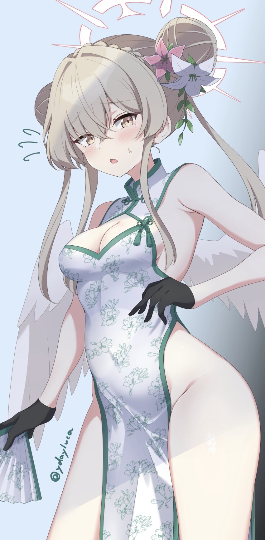 1girl :o absurdres alternate_costume alternate_hairstyle angel_wings black_gloves blue_archive blue_background blush breasts brown_eyes brown_hair china_dress chinese_clothes dress feet_out_of_frame flower gloves hair_flower hair_ornament halo hand_fan highres holding holding_fan large_breasts looking_at_viewer nagisa_(blue_archive) simple_background solo standing surprised sweat wings ydayluca