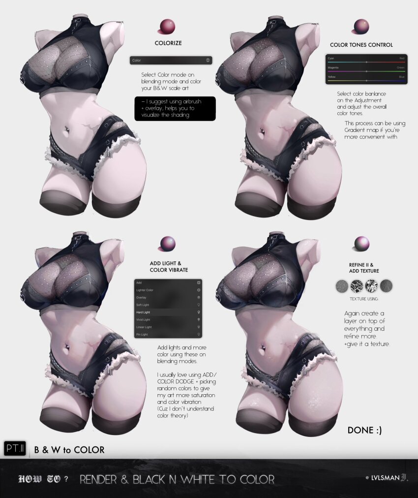 1girl armpits black_shorts breasts cleavage commentary crop_top cropped_arms cropped_legs english_commentary grey_background guide highres how_to large_breasts micro_shorts multiple_views navel navel_piercing original piercing see-through_cleavage see-through_clothes shorts siiar_(lvlcmxcix) simple_background stomach thighs