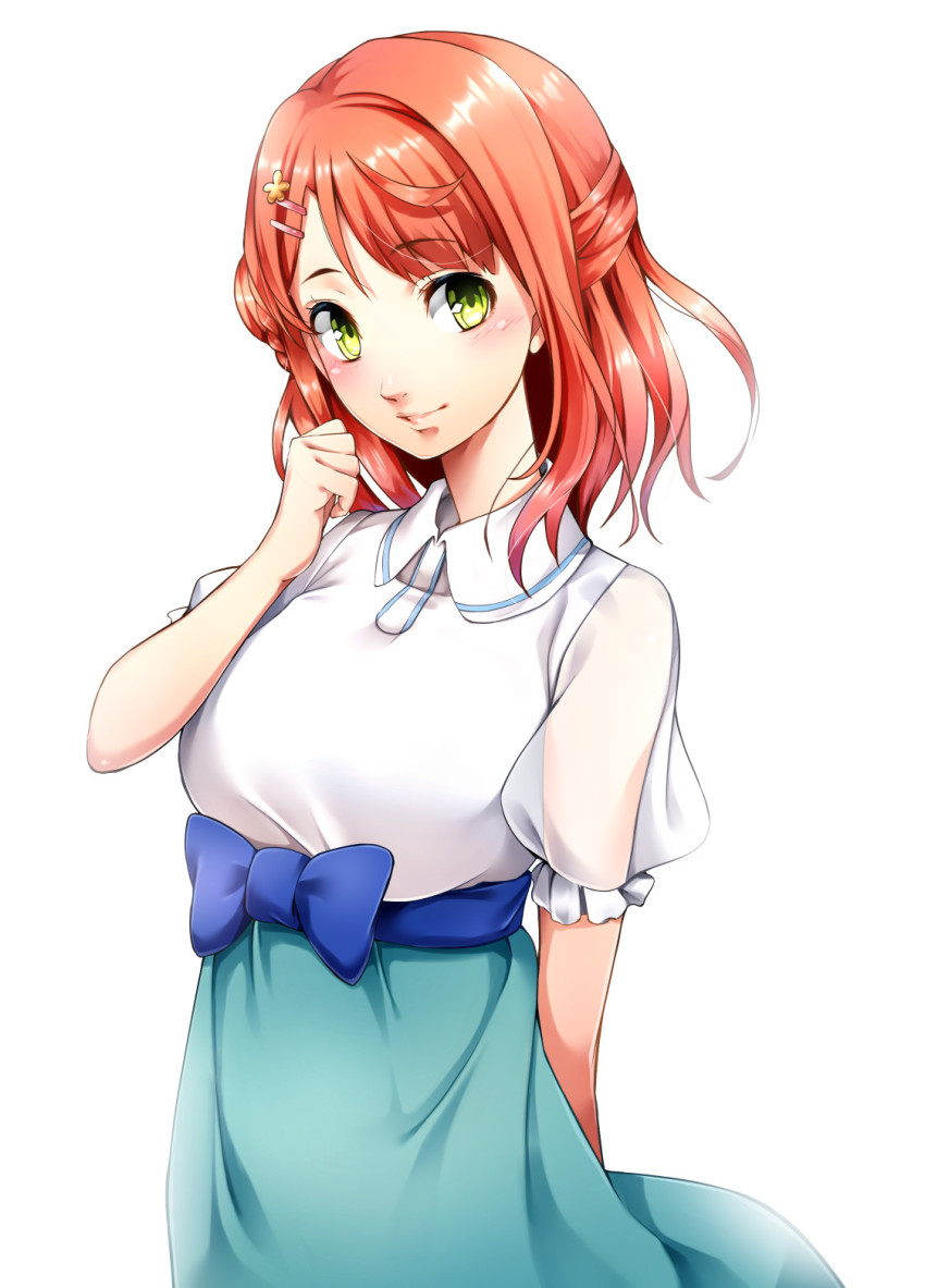 1girl aqua_skirt artist_name artist_request blue_bow blue_skirt blush bow bow_earrings braid braided_bun breasts buttons collared_shirt commentary dress dress_shirt earrings female_focus floating_hair frilled_sleeves frills green_eyes hair_bun hair_ornament hairclip half_updo highres jewelry large_breasts looking_at_viewer love_live! love_live!_nijigasaki_high_school_idol_club love_live!_school_idol_festival medium_breasts medium_hair miniskirt nakano_maru orange_hair parody parted_lips plaid_clothes plaid_skirt pleated pleated_skirt puffy_short_sleeves puffy_sleeves red_hair see-through_clothes see-through_sleeves shirt short_hair short_sleeves side_bun single_side_bun skirt smile soejima_shigenori_(style) solo style_parody two-tone_dress uehara_ayumu waist_bow wavy_hair white_background white_shirt wing_collar yellow_eyes