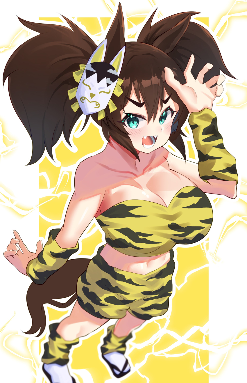 1girl absurdres animal_ears aqua_eyes blush breasts brown_hair claw_pose cleavage collarbone cosplay fangs fox_mask from_above geta hakurogi highres horse_ears horse_girl horse_tail inari_one_(umamusume) large_breasts lightning_background looking_at_viewer looking_up mask mask_on_head midriff oni_costume open_mouth sakura_laurel_(oni_laurel)_(umamusume) sakura_laurel_(umamusume) sakura_laurel_(umamusume)_(cosplay) solo tail twintails umamusume umamusume:_star_blossom v-shaped_eyebrows yellow_background