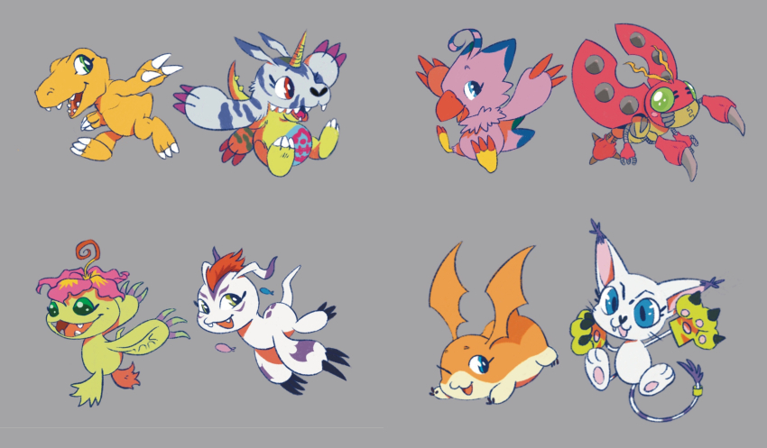 absurdres agumon bird bug cat digimon digimon_(creature) digimon_adventure:_(2020) gabumon gomamon highres palmon patamon petals piyomon tailmon tentomon wings