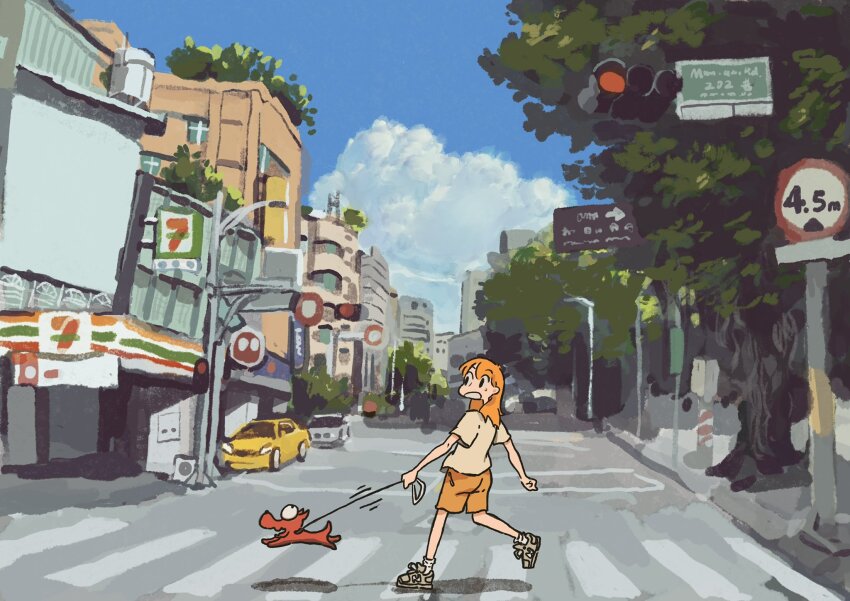1girl 7-eleven arrow_(symbol) bare_arms black_eyes blue_sky car cityscape cloud crosswalk day dog full_body grey_shoes highres holding holding_leaf leaf long_hair motion_lines motor_vehicle nunu0608 open_mouth orange_hair orange_shorts original outdoors pet_walking road road_sign scenery shadow shirt shoes short_sleeves shorts sign sky sneakers socks solo street sweatdrop t-shirt traffic_light tree white_shirt white_socks wide-eyed