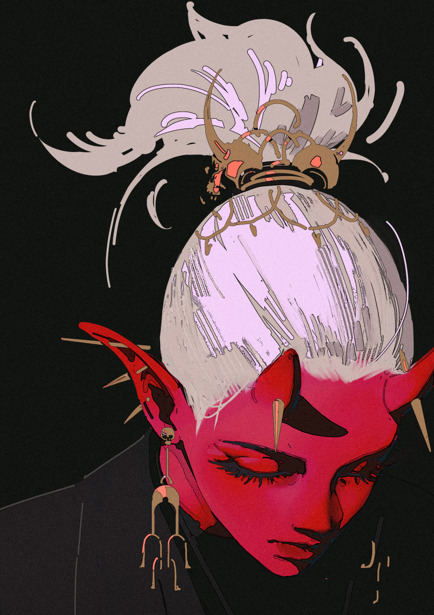 1girl absurdres black_background closed_eyes colored_skin commentary earrings ga_is highres horn_piercing horns jewelry long_pointy_ears multiple_piercings oni original pointy_ears ponytail red_skin solo symbol-only_commentary white_hair