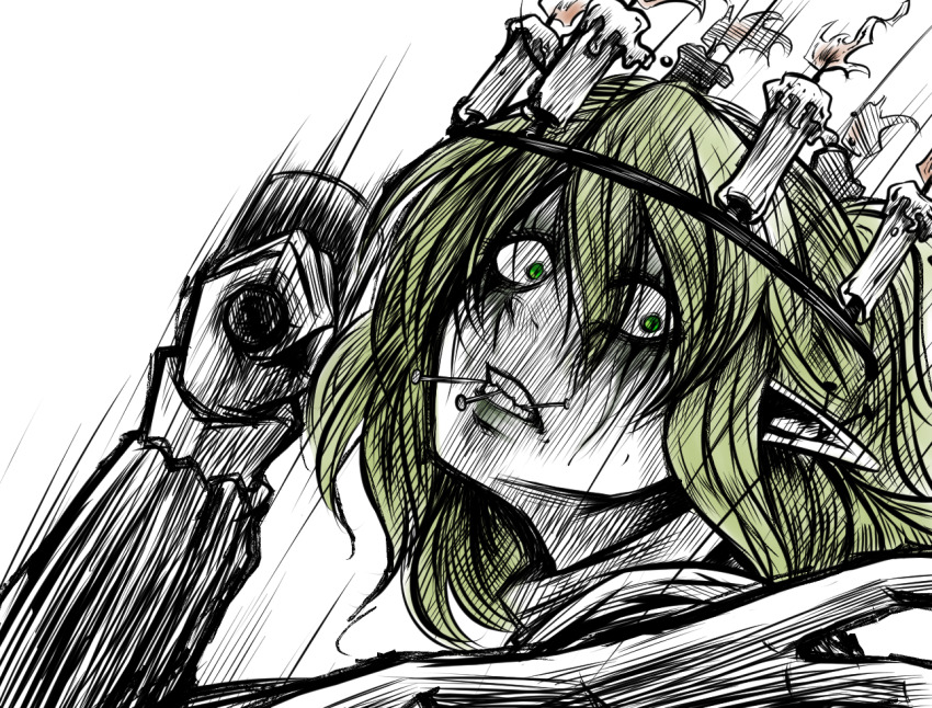 1girl blonde_hair candle clenched_teeth commentary_request fire green_eyes hair_between_eyes hashihime holding holding_mallet long_bangs looking_at_viewer mallet mizuhashi_parsee motion_lines nail_(hardware) pointy_ears sei_no_ji short_hair simple_background solo teeth touhou upper_body white_background