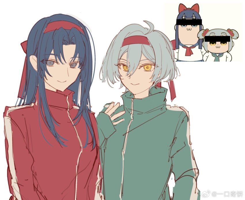 2girls accookie ahoge anime_screenshot_inset arm_at_side arms_at_sides artist_name blue_eyes blue_hair censored censored_identity chinese_commentary closed_mouth commentary_request curtained_hair double-parted_bangs flat_color genderswap genderswap_(mtf) green_jacket grey_hair hachimaki hair_between_eyes hand_up headband idolish7 isumi_haruka izumi_iori jacket long_hair long_sleeves looking_at_viewer multiple_girls pipimi pixie_cut popped_collar poptepipic popuko red_jacket short_hair side-by-side sidelocks simple_background smile straight_hair track_jacket upper_body variant_set very_short_hair watermark weibo_watermark white_background yellow_eyes
