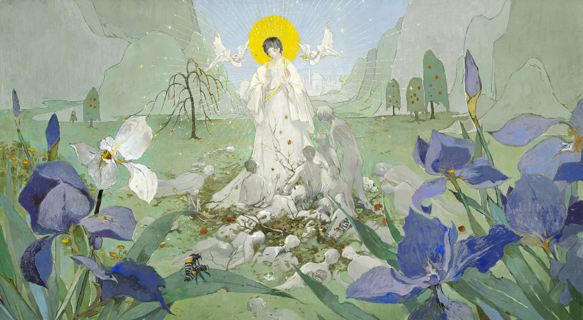 1boy bee black_hair blue_flower blue_sky bone bug building feathered_wings flower highres insect licheng342 long_sleeves nude orchid original robe short_hair sky sparkle standing tree white_flower white_robe white_wings wide_shot wings