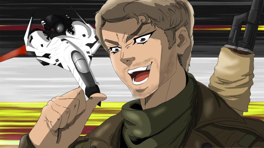 1boy ace_combat ace_combat_zero adfx-02_morgan aircraft airplane brown_eyes brown_hair cannon commentary directed-energy_weapon energy_cannon energy_weapon english_commentary facial_hair haonfest jojo_no_kimyou_na_bouken kono_dio_da_(meme) larry_foulke laser_cannon meme open_mouth prototype_design stubble tactical_laser_system zoisite_(ace_combat)