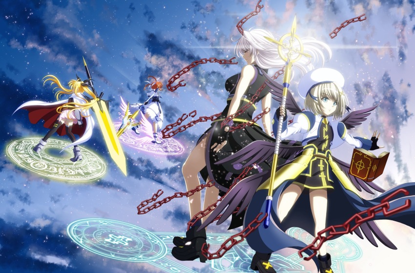 bardiche_(nanoha) bardiche_(zanber_form)_(nanoha) bare_shoulders black_thighhighs blonde_hair blue_eyes book_of_the_azure_sky brown_hair chain closed_eyes cloud dutch_angle facing_away fate_testarossa fate_testarossa_(blaze_form) fingerless_gloves gloves hat highres long_hair lyrical_nanoha magic_circle magical_girl raising_heart raising_heart_(exelion_mode)_(2nd) reinforce shokikanes short_hair sky staff star_(sky) takamachi_nanoha takamachi_nanoha_(exelion_mode) thighhighs twintails unison_(nanoha) very_long_hair yagami_hayate