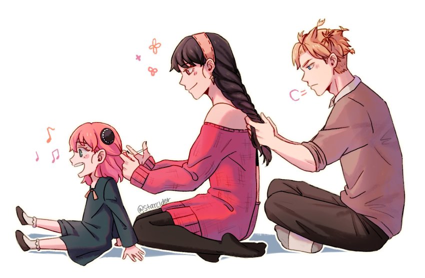 1boy 2girls puff_of_air anya_(spy_x_family) barefoot black_dress black_footwear black_hair black_pantyhose blonde_hair blue_eyes blush bobby_socks braid braided_ponytail child commentary dress family hair_ornament hairband highres husband_and_wife long_hair long_sleeves mary_janes multiple_girls musical_note open_mouth pantyhose pink_hair red_sweater ribbed_sweater seiza shoes simple_background sitting socks spy_x_family star_cider sweater twilight_(spy_x_family) twitter_username white_background white_legwear yor_briar