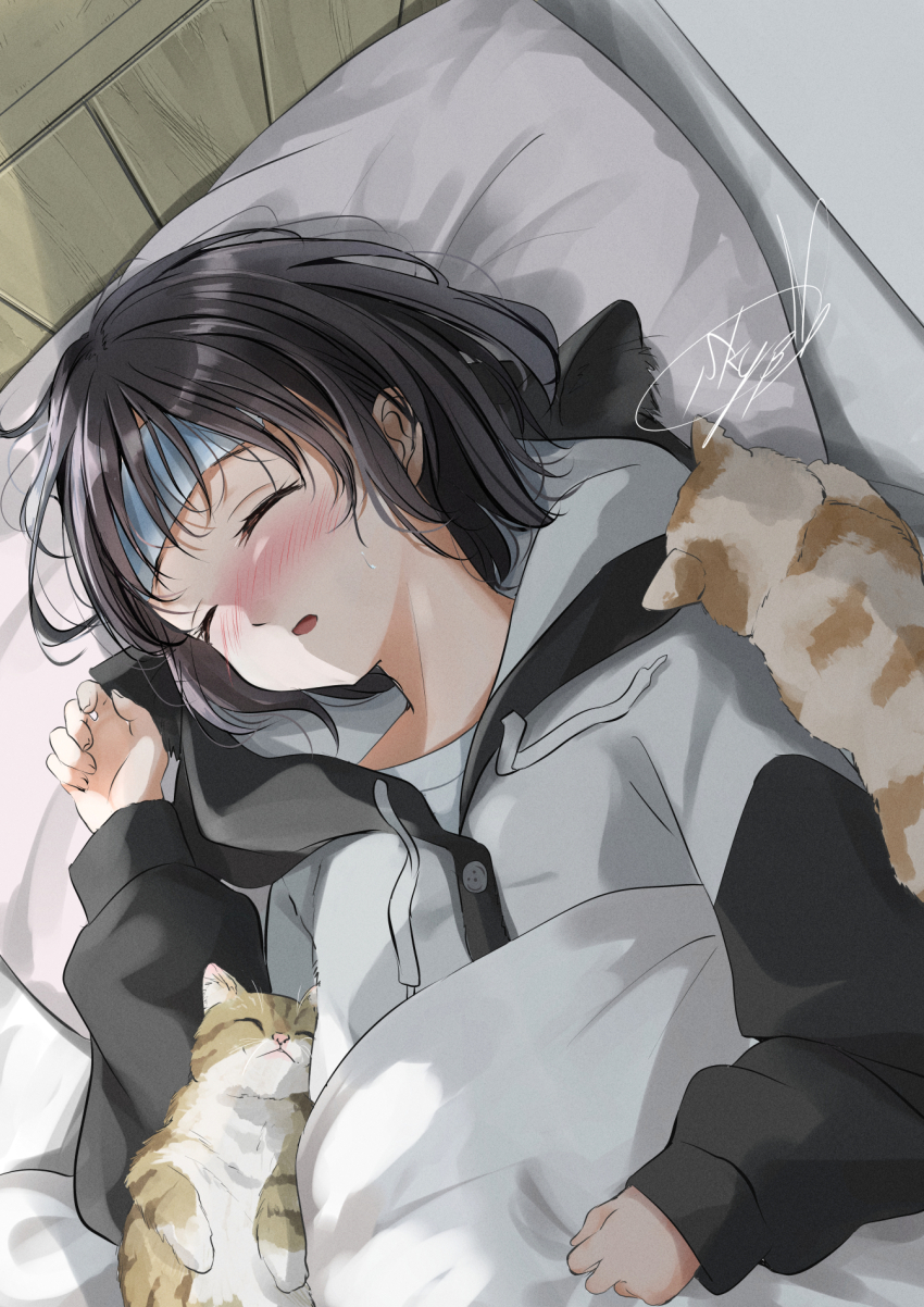 1girl animal bed_sheet black_cardigan black_hair blush cardigan cat clenched_hand closed_eyes commentary_request fever film_grain from_above hand_on_own_stomach hand_up headband headboard highres hood hooded_cardigan indoors lying multicolored_cardigan nose_blush on_back original parted_lips pet pillow shirt short_hair signature sleeping solo soragane_(banisinngurei) sweatdrop t-shirt under_covers upper_body white_cardigan white_shirt