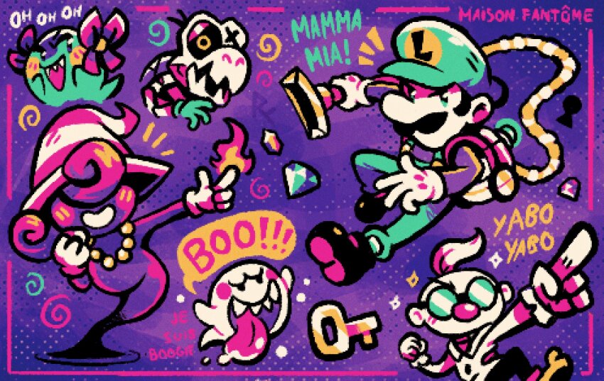 2boys 2girls boo_(mario) bow_(paper_mario) colored_skin dry_bones english_text facial_hair fire gem glasses gloves green_overalls halloween hat highres jewelry key luigi luigi&#039;s_mansion mario_(series) multiple_boys multiple_girls mustache necklace nintendo oniri_boy overalls paper_mario paper_mario:_the_thousand-year_door paper_mario_64 pixel_art poltergust_5000 professor_elvin_gadd purple_skin sharp_teeth skeleton teeth tongue tongue_out vivian_(paper_mario) white_gloves witch_hat