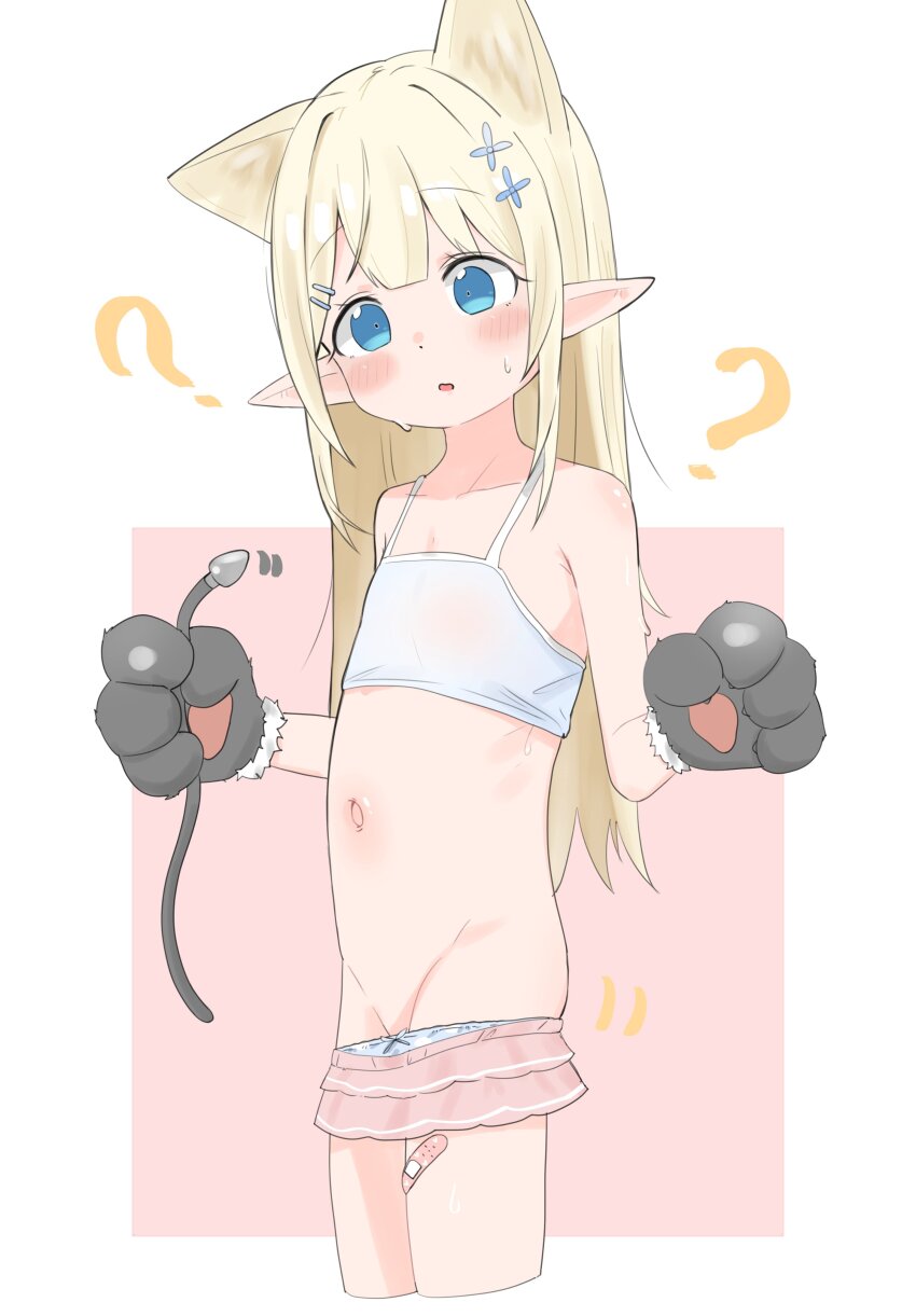 1girl ? absurdres animal_ears animal_hands blonde_hair blue_eyes character_request copyright_request flat_chest gloves hair_ornament highres loli long_hair navel panties panty_pull paw_gloves pointy_ears solo underwear youyoukai