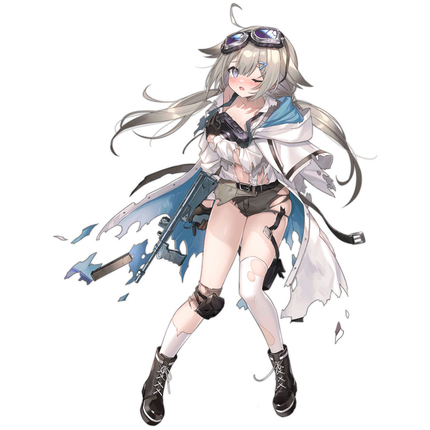 1girl ahoge asymmetrical_legwear belt belted_coat black_belt black_boots black_gloves blue_coat blue_eyes blue_necktie blush boots broken_goggles brown_shorts camera camera_around_neck coat coat_on_shoulders collared_shirt double-parted_bangs emblem full_body girls&#039;_frontline gloves goggles goggles_on_head grey_sweater_vest gun hair_ears hair_ornament hairclip highres holding holding_gun holding_weapon hood hood_down hooded_coat knee_pads kneehighs lace-up_boots light_brown_hair long_hair long_sleeves looking_at_viewer low_twintails necktie official_alternate_costume official_art one_eye_closed open_clothes open_coat open_mouth owen_(girls&#039;_frontline) owen_gun pouch saiki_komari shirt shorts simple_background single_knee_pad single_kneehigh single_sock single_thighhigh socks solo standing sweater_vest thigh_pouch thighhighs third-party_source torn_clothes torn_coat torn_shirt torn_shorts torn_socks torn_straps torn_thighhighs transparent_background trigger_discipline twintails two-sided_coat two-sided_fabric very_long_hair weapon white_coat white_shirt white_socks white_thighhighs