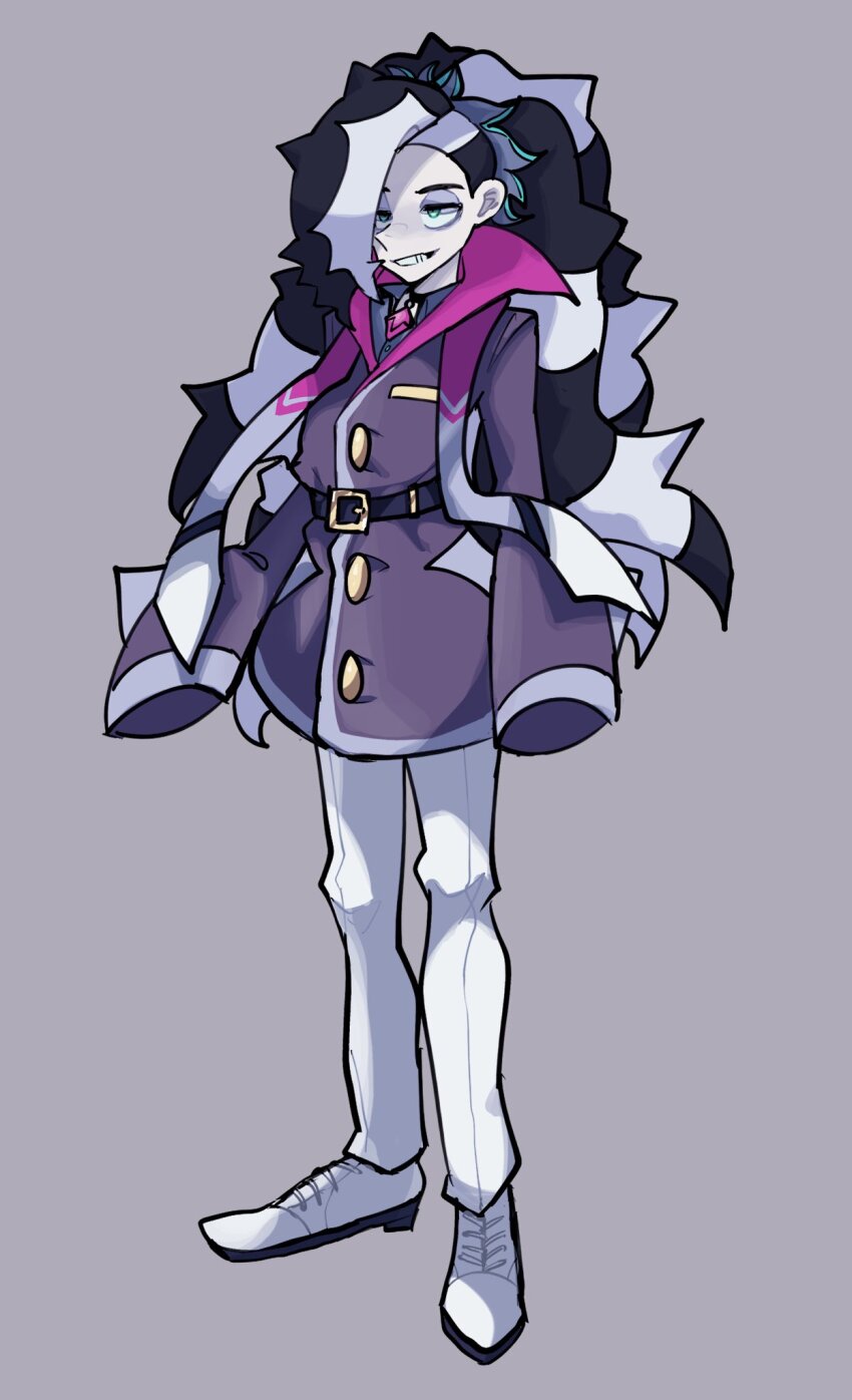 1boy belt black_belt black_hair coat collared_shirt eyeshadow full_body gem gen_6_pokemon green_eyes grey_background grey_eyeshadow highres long_hair makeup malamar malamar_cosplay male_focus multicolored_hair nintendo pants piers_(pokemon) pink_gemstone pokemon pokemon_swsh purple_coat purple_shirt shiba_dzuke shirt simple_background sleeves_past_fingers sleeves_past_wrists smile solo standing two-tone_hair undercut white_footwear white_hair white_pants