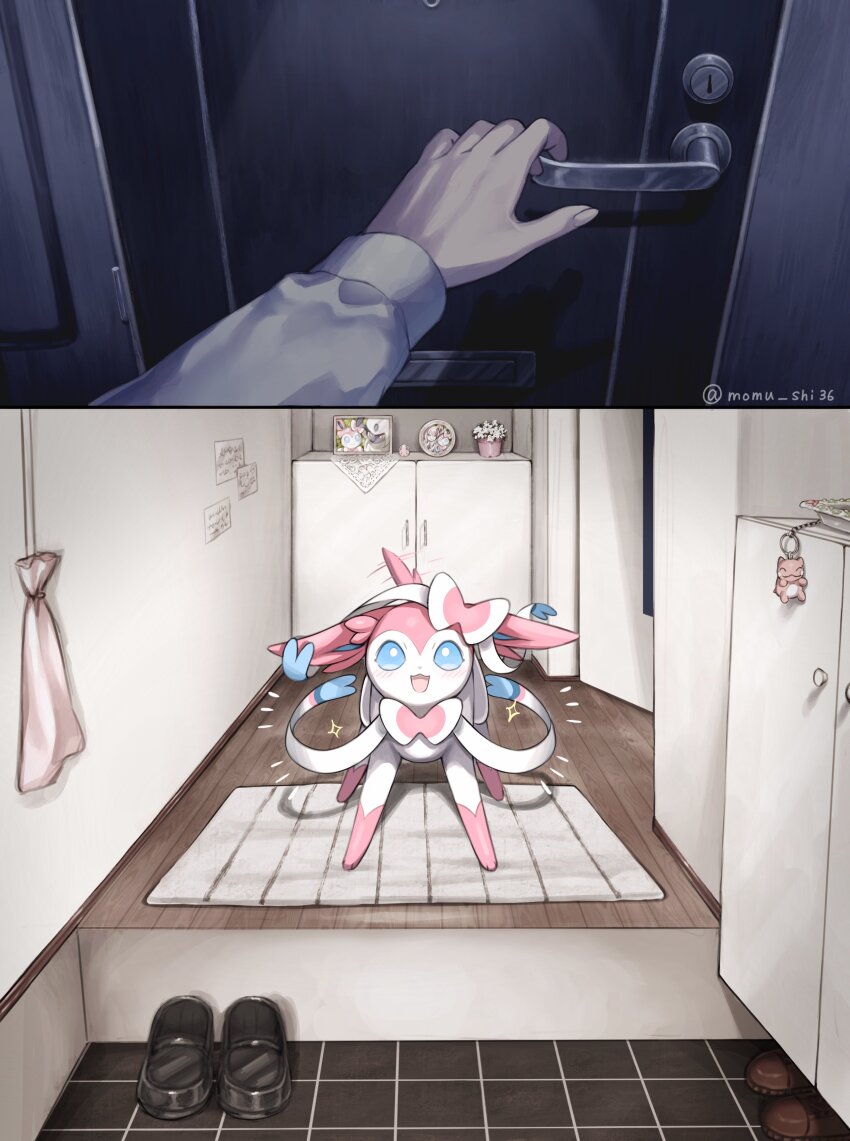 1girl :3 :d absol absurdres afterimage artist_name blue_eyes blush bow brown_shoes cabinet character_request charm_(object) colored_extremities colored_skin commentary_request door door_handle ears_down entrance female_pov flower flower_pot game_freak gen_3_pokemon gen_6_pokemon hand_on_handle happy highres indoors loafers long_sleeves looking_at_viewer multicolored_skin nintendo notice_lines open_mouth opening_door pet photo_(object) picture_frame pink_bow pink_skin pink_tail plant pokemon pokemon_(creature) pokemon_focus potted_plant pov pov_hands sash shirt shoes smile sparkle sylveon tail tail_wagging tile_floor tiles twitter_username two-tone_bow two-tone_skin unworn_shoes w8ukg2 white_bow white_flower white_sash white_shirt white_skin