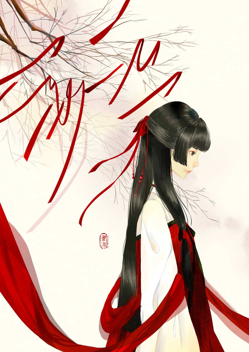 1girl absurdres beaded_hair_ornament black_eyes black_hair bow chinese_clothes empty_eyes hair_bow hanfu highres long_hair long_sleeves morimori_(14292311) original profile qixiong_ruqun red_hanfu red_ribbon red_theme ribbon solo straight_hair tree upper_body