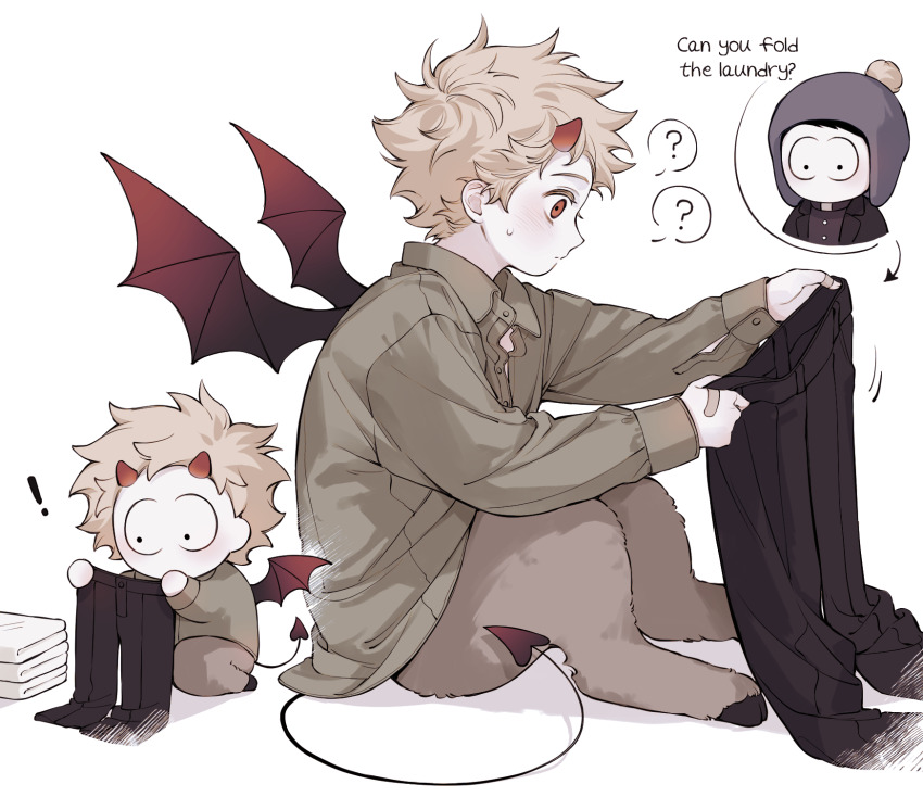 ! 0o0_w_o0 2boys ? animification bandaid bandaid_on_hand blonde_hair chibi collared_shirt craig_tucker demon_boy demon_horns demon_tail demon_wings english_text folding_clothes hat highres holding_pants hooves horns long_sleeves male_focus multiple_boys pants red_eyes shirt short_hair sitting south_park south_park:_phone_destroyer spoken_question_mark sweat tail tweek_tweak unworn_pants wings
